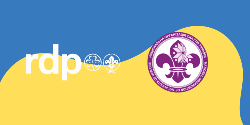 rdp Logo und Log der ukrainischen Pfadfinder vor blau gelbem Hintergrund