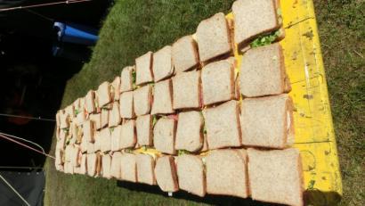 Ein langer Holztisch auf dem Rasen, darauf ordentlich angeordnet zahlreiche belegte Sandwiches
