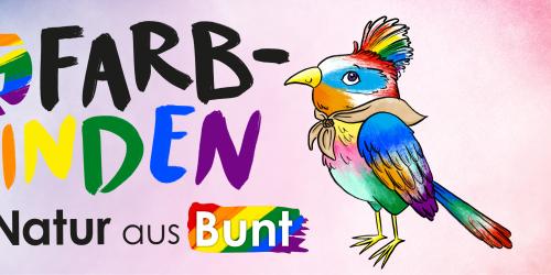 Banner der Jahresaktion 2022 "Farbfinden - Von Natur aus Bunt" mit dem Schriftlogo und dem Logotier Pelbagei vor einem bunten Hintergrund wie ein Regenbogen