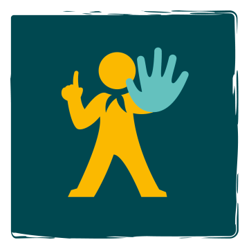 Stilisierte Person mit Halstuch, die ihre eine Hand mit erhobenem Zeigefinger mahnend hebt und mit der anderen, offenen Hand zum Stoppen auffordert.
